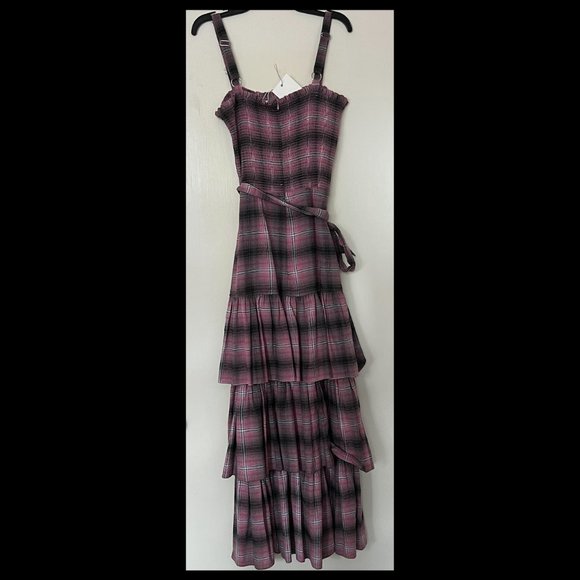 Pink Plaid Smock Bodice Drop Waist Midi / Maxi Ruffle Dress Size 0 - NWT - Picture 6 of 10